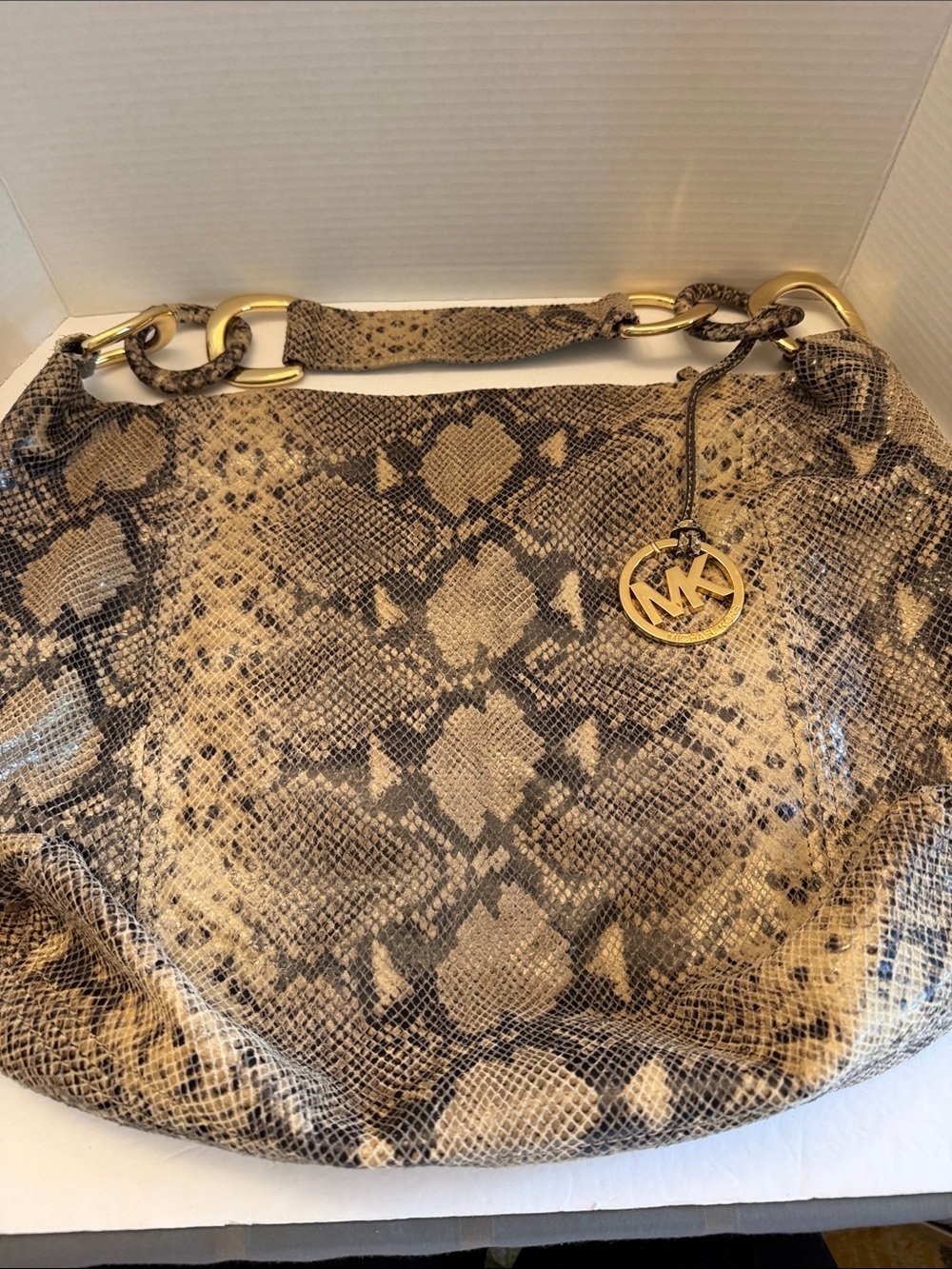 Michael Kors Snake-Print Shoulder Hobo Bag in Taupe and Black